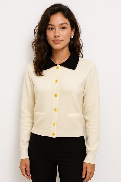 Okçu Triko Contrast Collar Detailed Slim Knitwear Cardigan-25K43702-Ekru-16