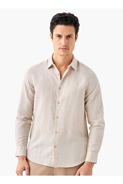 FAV Regular Fit Houndstooth Textured Linen Blend Shirt with Collar