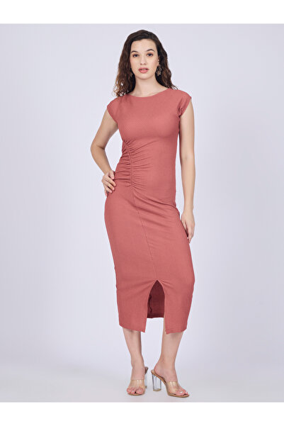 Outzidr By Styli Peach Textured Knit Bodycon Midi Dress