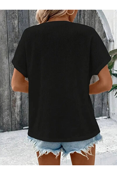 BALCI Women's Short Sleeve Open Front Buttoned Waffle Blouse