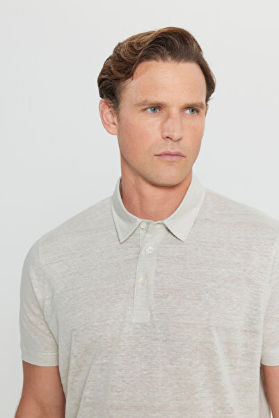 ALTINYILDIZ CLASSICS Men's Beige 100% Linen Slim Fit Slim Fit Polo Neck T-Shirt