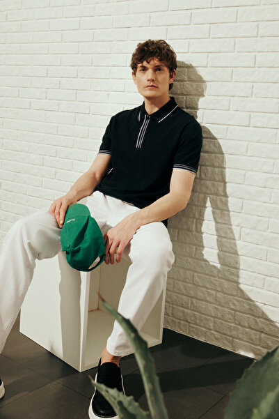 ALTINYILDIZ CLASSICS Men's Black 100% Cotton Slim Fit Slim Fit Polo Neck T-Shirt