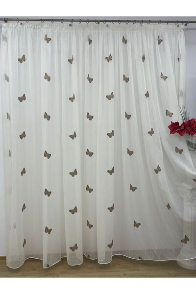 Liz Line Embroidered curtain, ivory/brown color, with drapery, from the "Papillon" collection PD0377
