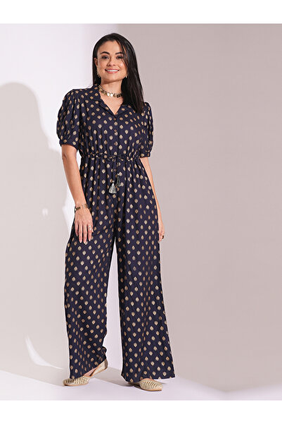 Globus By Styli Gold Foil Ethnic Print Waist Tie-Up Fusion Jumpsuit