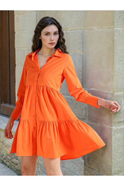 Freehand By Styli Orange Tiered Buttoned Mini Dress