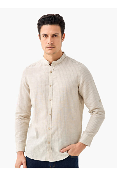 FAV Regular Fit Striped Linen Blend Shirt with Mandarin Collar