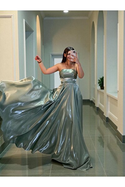 OLA Stella Hologram Saten Straplez Mint Yeşili Renk Abiye Elbise