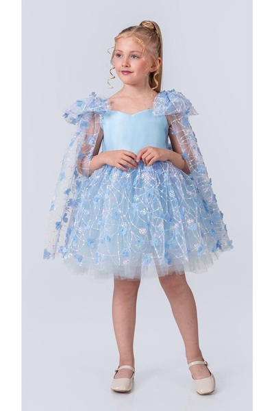 Mnk Baby&Kids Rochie de seara pentru fete Imeros cu model brodat cu flori M00736 ALBASTRU