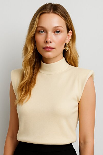 Okçu Triko High Neck Cap Sleeves Knitwear-25K43748-Ekru-16