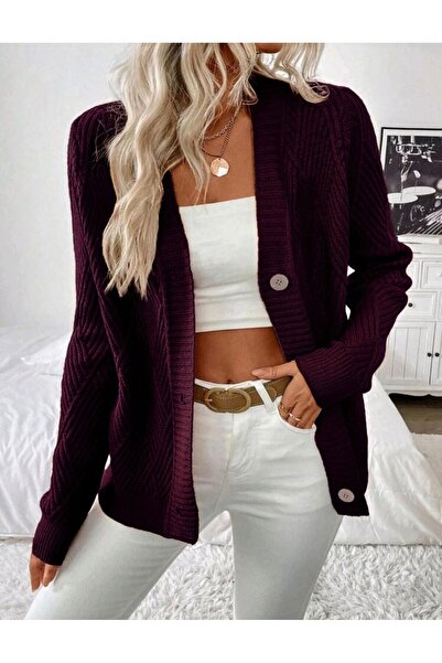 SolQ Baklava Patterned Buttoned Model Woven Detailed Long Sleeve Knitwear Cardigan