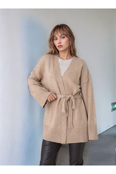 MAMAYAGA Midi Length Suitable for Women's Hijab Double-Breasted Closure Belted Long Sleeve Pocketed Sporty Stylish Knitwear Cardigan Jacket