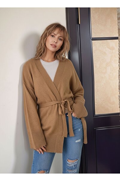 MAMAYAGA Midi Length Suitable for Women's Hijab Double-Breasted Closure Belted Long Sleeve Pocketed Sporty Stylish Knitwear Cardigan Jacket