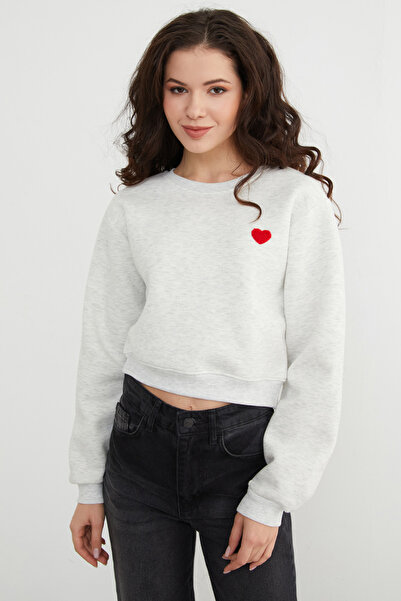 Fulla Moda 3 Thread Heart Embroidered Crop Sweatshirt