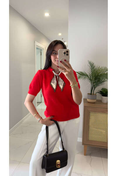 BİRCANÇİL Oryena Red Short Sleeve Scarf Knitwear