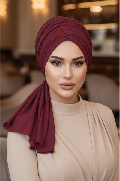 Aişe tesettür Burgundy Buckle Evening Dress Bone Shawl