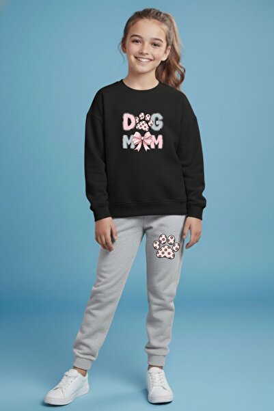 cm buseyiz Set de trening pentru fete DogMom cu imprimeu guler rotund – negru...