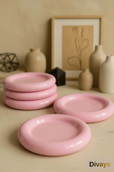 DİVAYS Set of 6 Aesthetic Pink Ceramic Serving Plates |   Round Cake and Presentation Set