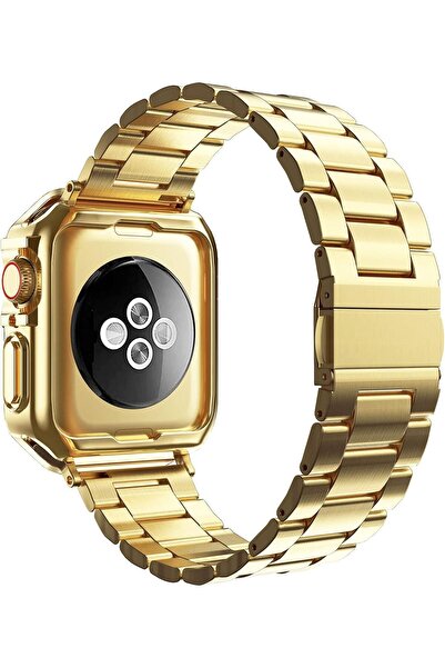 Generic Stainless Steel Band with TPU Case Compatible with Apple Watch 45/44/42mm, Gold