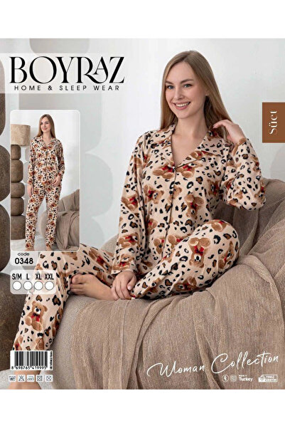 BOYRAZ 0348 Set de pijamale pentru femei din piele intoarsa cu maneca lunga