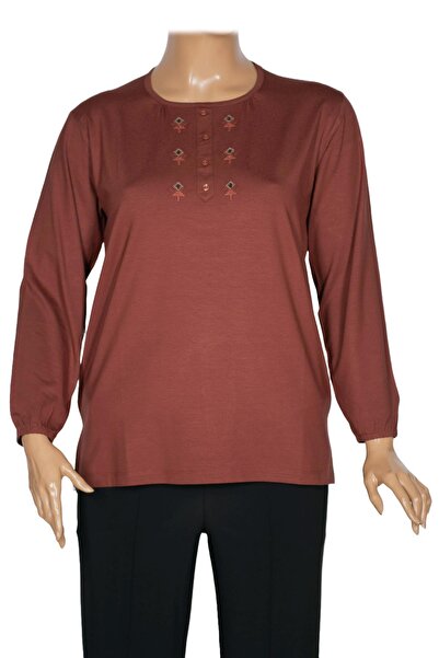 Pıtırcık Cimariva Women's Neşe Plus Size O Neck Robe Embroidered Tan Blouse