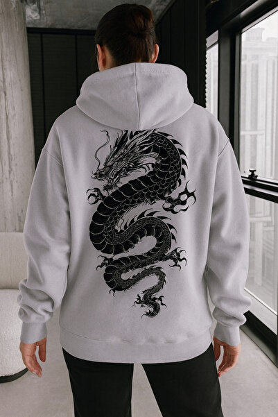 CLASSY.MODA 3 Thread Hooded Kangaroo Pocket Dragon Printed Unisex Hoodie Sweatshirt