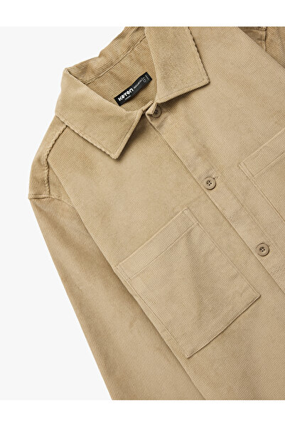 Koton Regular Fit Cotton Pocket Classic Collar Long Sleeve Corded Fabric Velvet Shirt Jacket