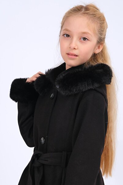Perendi Παλτό για κορίτσια με γούνινη λεπτομέρεια με κουκούλα με ζώνη – Μαύρο