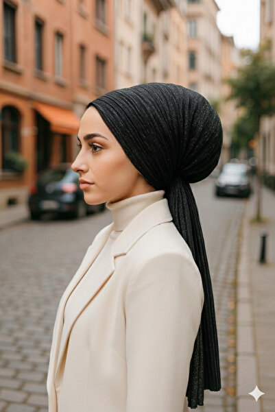 Aişe tesettür Black Silver Sparkling Scarf Bonnet