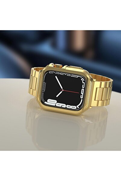 Generic Stainless Steel Band with TPU Case Compatible with Apple Watch 45/44/42mm, Gold