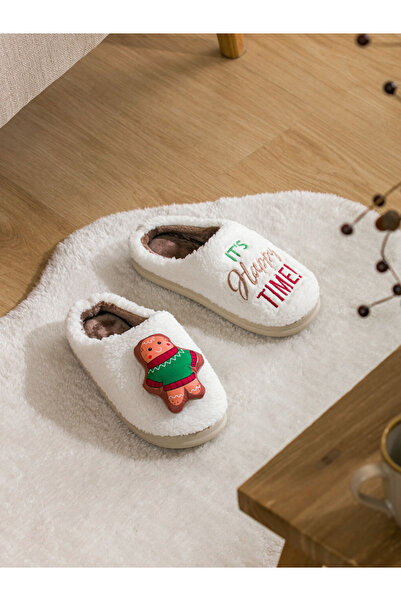 LC Waikiki Steps New Year's Themed White Women's Plush House Slippers