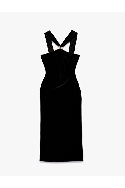 Koton Sleeveless Halter Neck Metal Accessories Long Velvet Dress