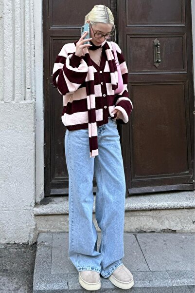 ELBA STİL Navy Blue Striped Scarf Women's Knitwear Cardigan