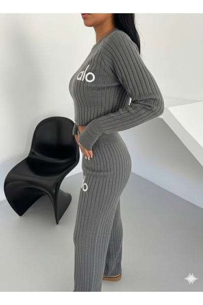 ribana Double Strapped Cycling Collar Striped Patterned Knitwear Tracksuit Set