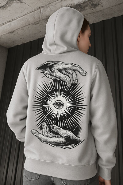 CLASSY.MODA 3-Thread Fleece with Hooded Kangaroo Pockets, Large'Hand and Eye Energy' Illustration on the Back, B Printed Hoodie