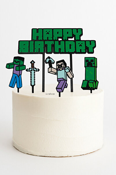 lumix3d Minecraft Temalı Happy Birthday Pasta Süsü (5 parça)
