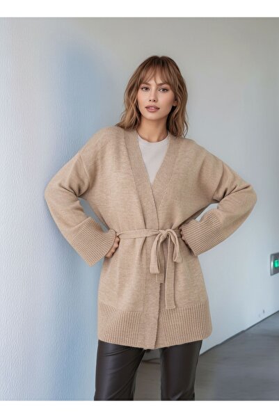 MAMAYAGA Midi Length Suitable for Women's Hijab Double-Breasted Closure Belted Long Sleeve Pocketed Sporty Stylish Knitwear Cardigan Jacket