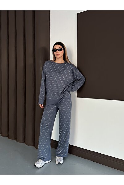 orjinal blue b Women's Casual Diamond Pattern Blouse Elastic Waist Pants Modal Set 3089 60283221