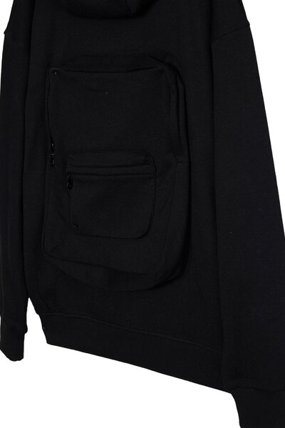 Tudors Men's relaxed fit cotton full-zip black sweatshirt with kangaroo pocket and backpack design