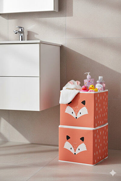 HomyJRs 2-Piece Fox Printed Brick Color Box Without Lid 30x30x30 Cm