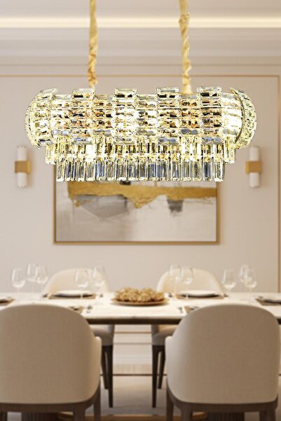 Ünal Aydınlatma Billur Gold 80 cm Kristal Taşlı Modern Avize – Yemek Masası v...