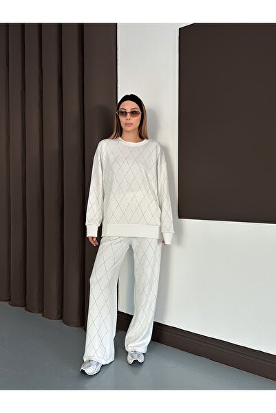 orjinal blue b Women's Casual Diamond Pattern Blouse Elastic Waist Pants Modal Set 3089 60283221