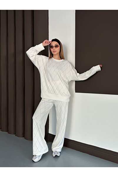 orjinal blue b Women's Casual Diamond Pattern Blouse Elastic Waist Pants Modal Set 3089 60283221