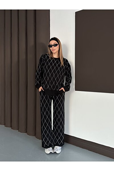 orjinal blue b Women's Casual Diamond Pattern Blouse Elastic Waist Pants Modal Set 3089 60283221