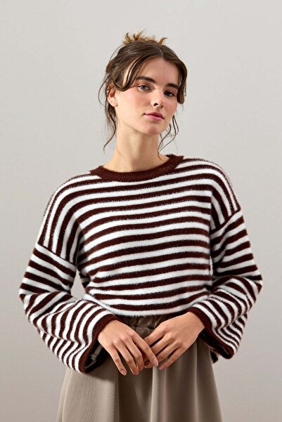 Ceylan Otantik Bitter Brown Striped Plush Sweater