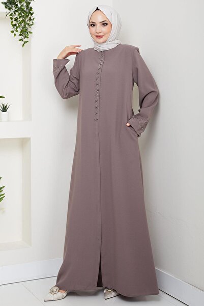 hafsamina Hidden Placket Flower Stone Ferace Mink Hm2859