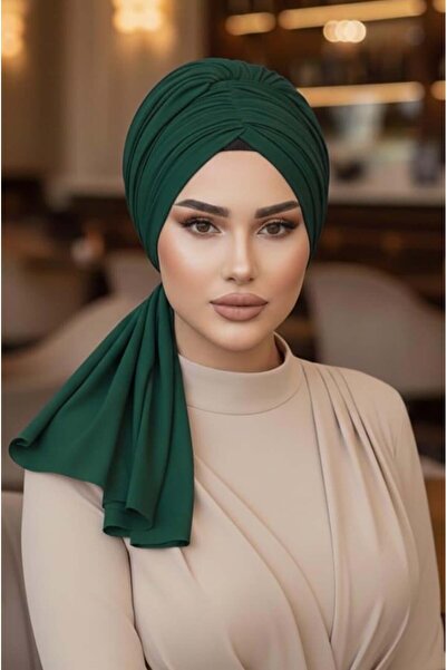 Aişe tesettür Emerald Green Buckle Evening Dress Bonnet Shawl