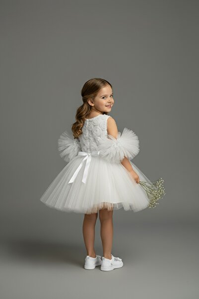 Delfini kids Сукня з рукавами-помпонами, з тюлевим принтом у вигляді троянд, для вечірок та днів народження