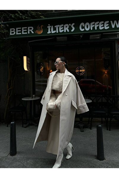 LUJJE Herringbone Pattern Ecru Long Cashmere Coat