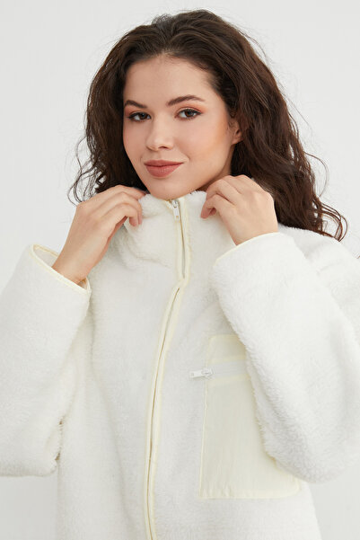 Fulla Moda Zippered Single Pocket Stand Collar Plush Coat