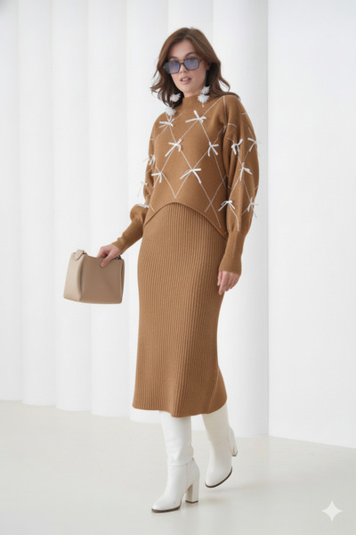 HayalGecesi Women's Knitwear 2-Piece Bow Set with Dress